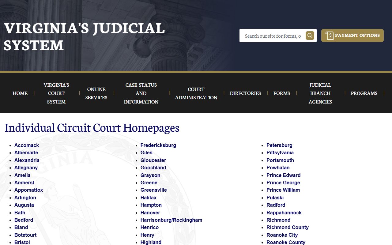 Virginia Circuit Courts portal for felony records