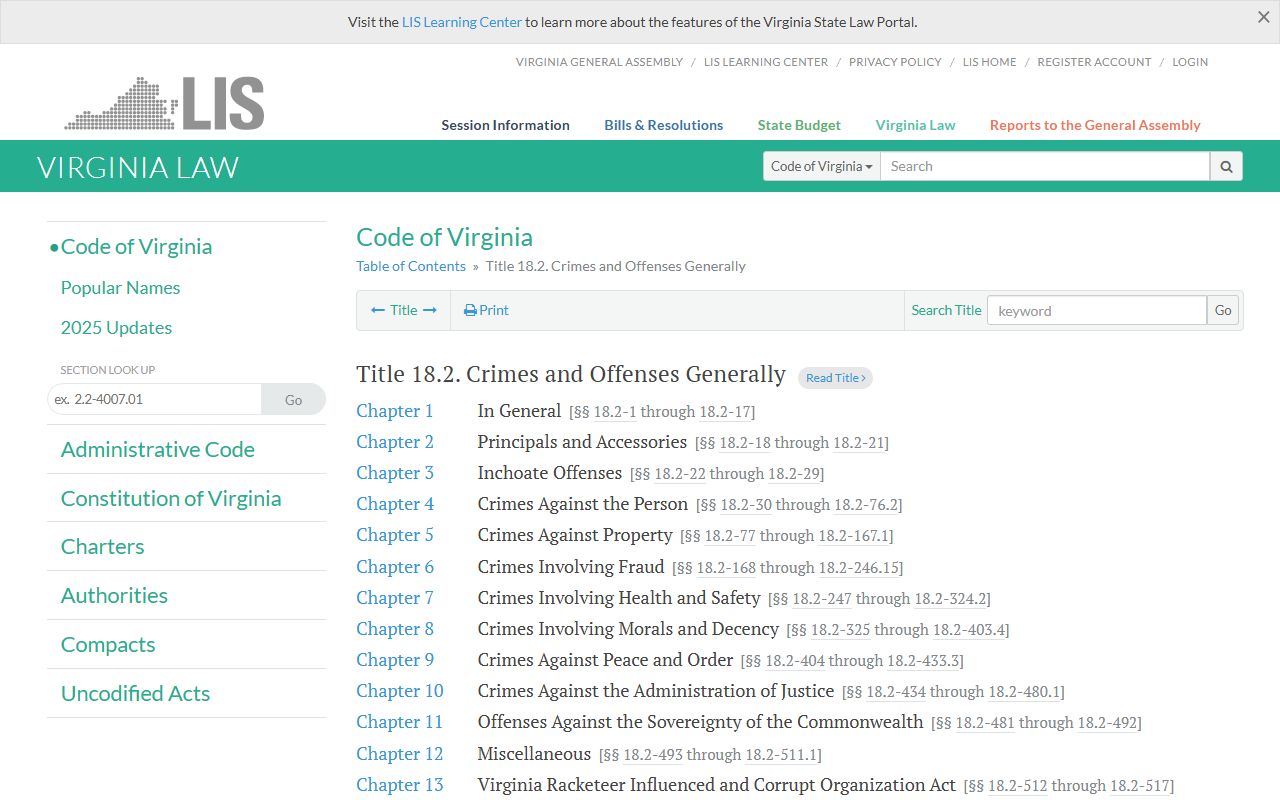 Virginia Code Title 18.2 criminal offenses and felony classifications