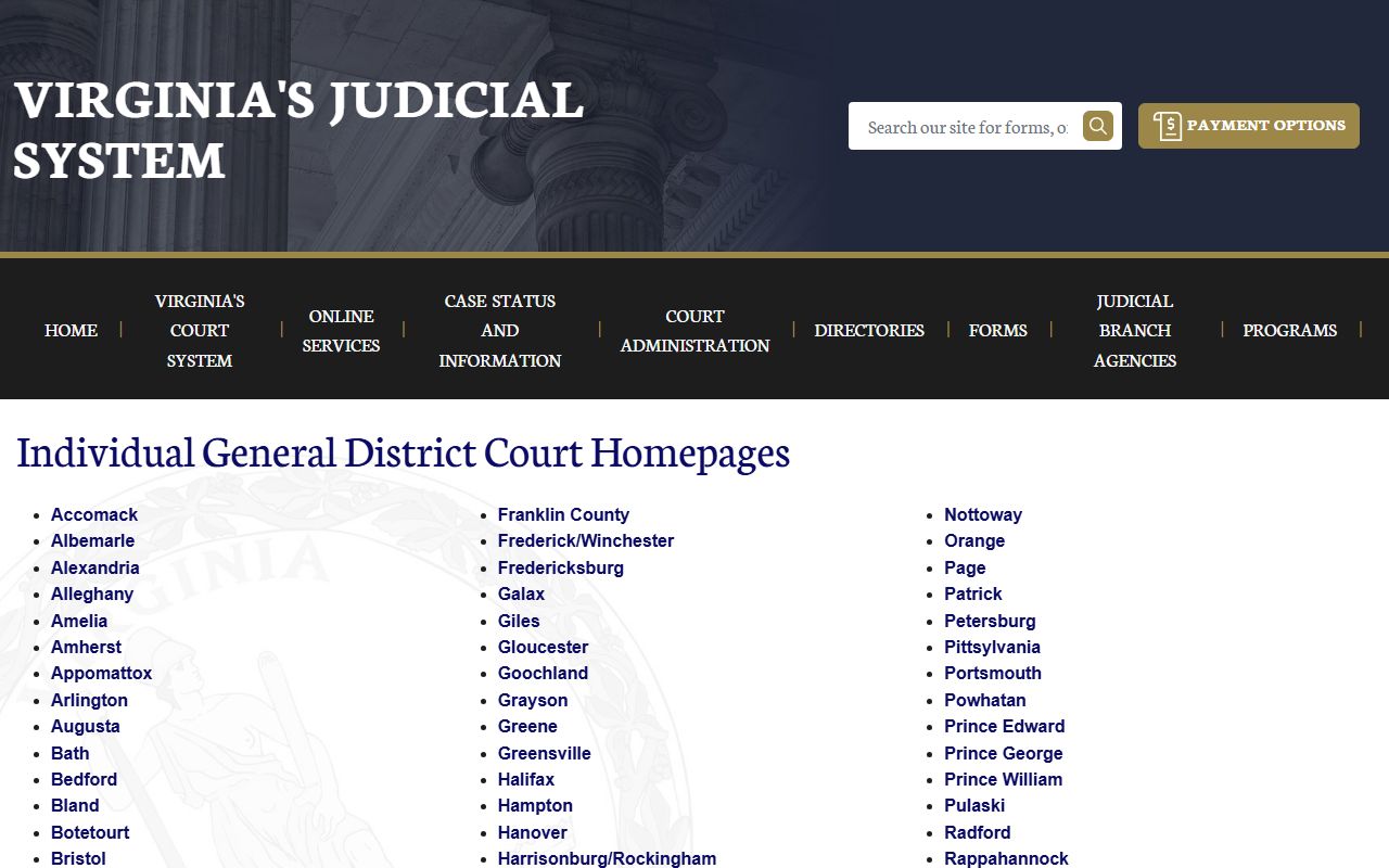 Virginia General District Courts portal for preliminary felony hearings