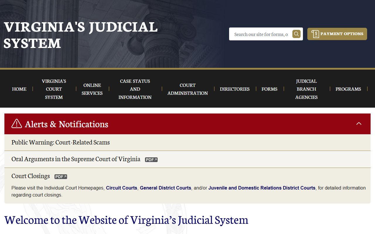 Virginia Judicial System homepage for felony records